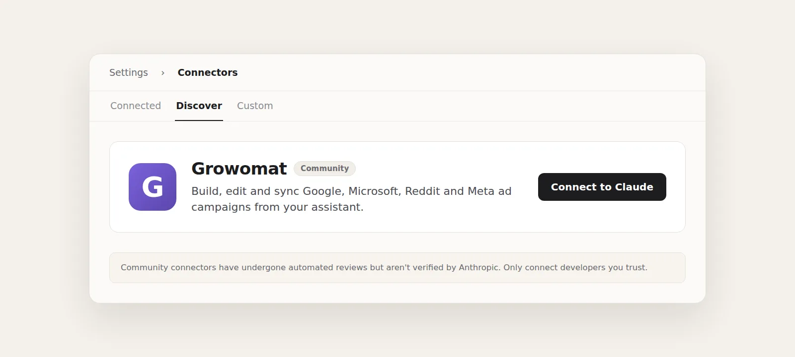 Growomat is in the Claude connectors directory