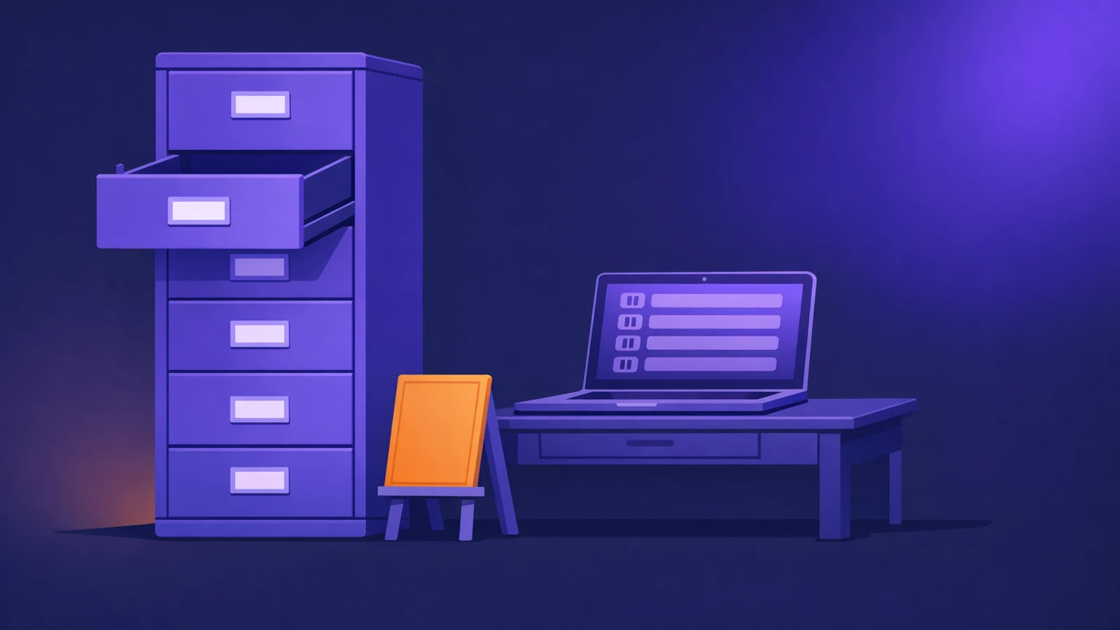 A purple four-drawer filing cabinet with its second drawer pulled fully open and empty, a small orange easel sign standing beside it, and a laptop on a desk showing a list of paused rows, all on a dark navy ground.