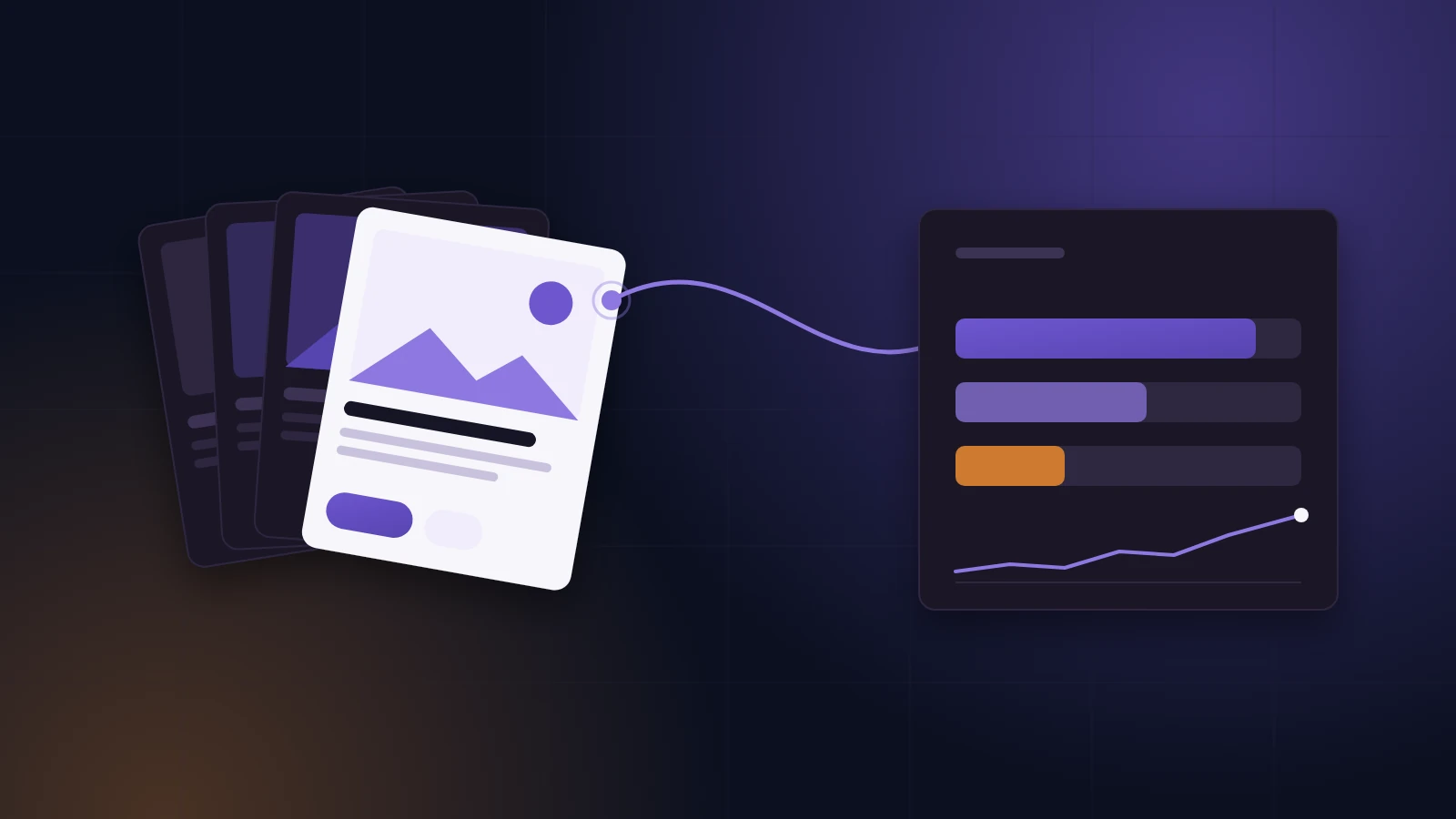 A fan of four ad cards from the public ad libraries, the front one joined by a violet thread to an auction panel showing three bars of different lengths and a rising trend line, on a dark navy ground.