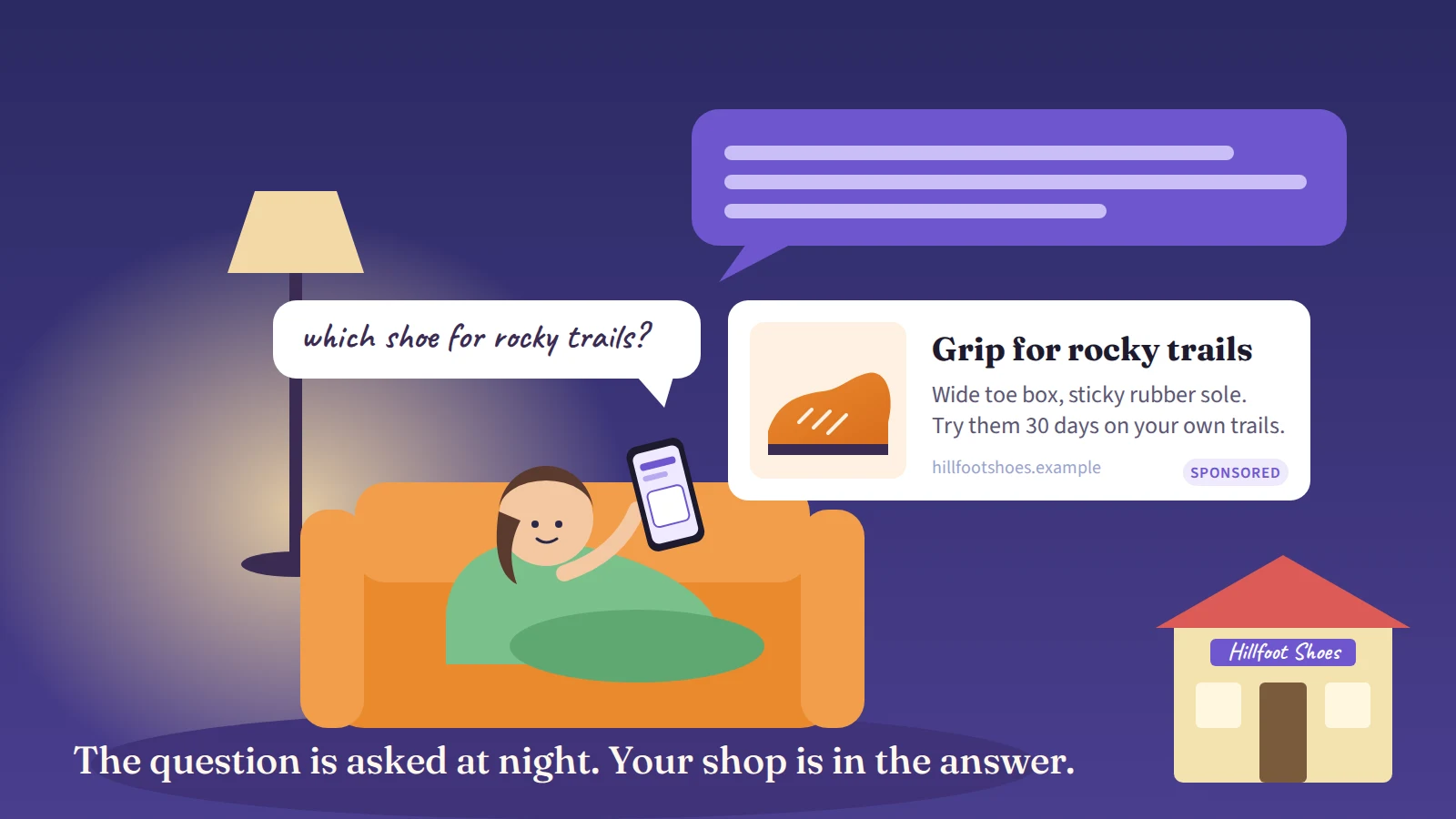 A person curled up on a sofa at night asks their phone which shoe to buy for rocky trails; above them a large answer bubble replies, and under the answer sits one chat card from a small shoe shop, with a photo, a title, a line of text and a Sponsored label.