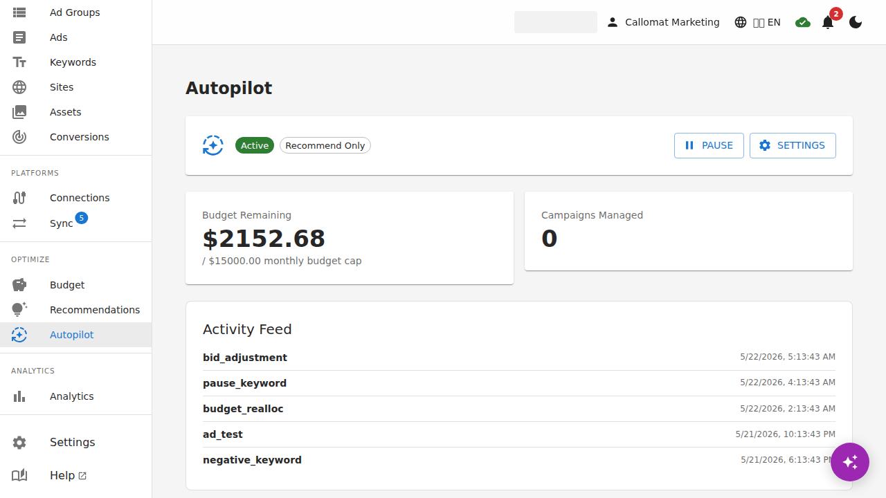 Das Autopilot-Dashboard: alle betreuten Kampagnen mit Budgetgrenze und aktuellem Status