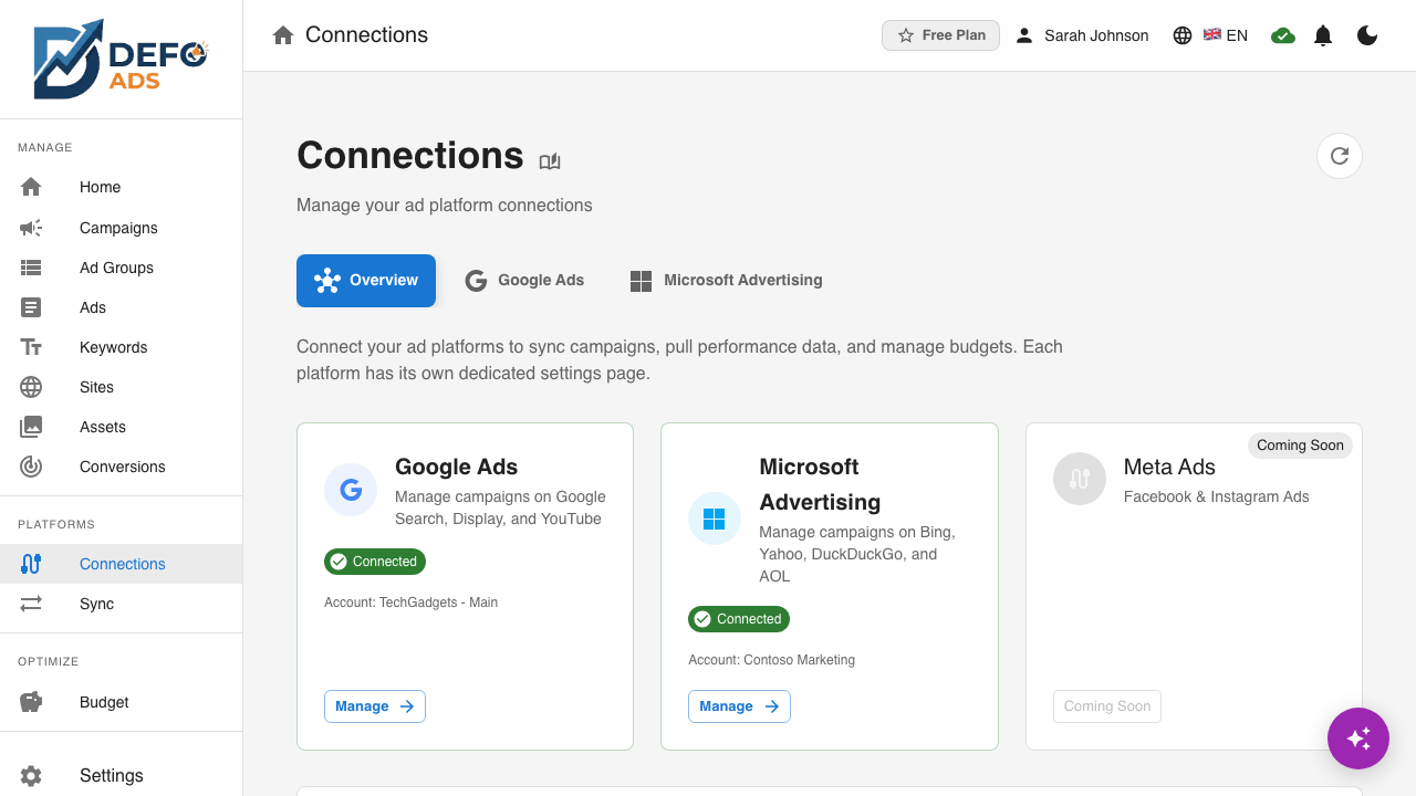 Connecting a Google Ads account to Growomat, showing the accounts available to link
