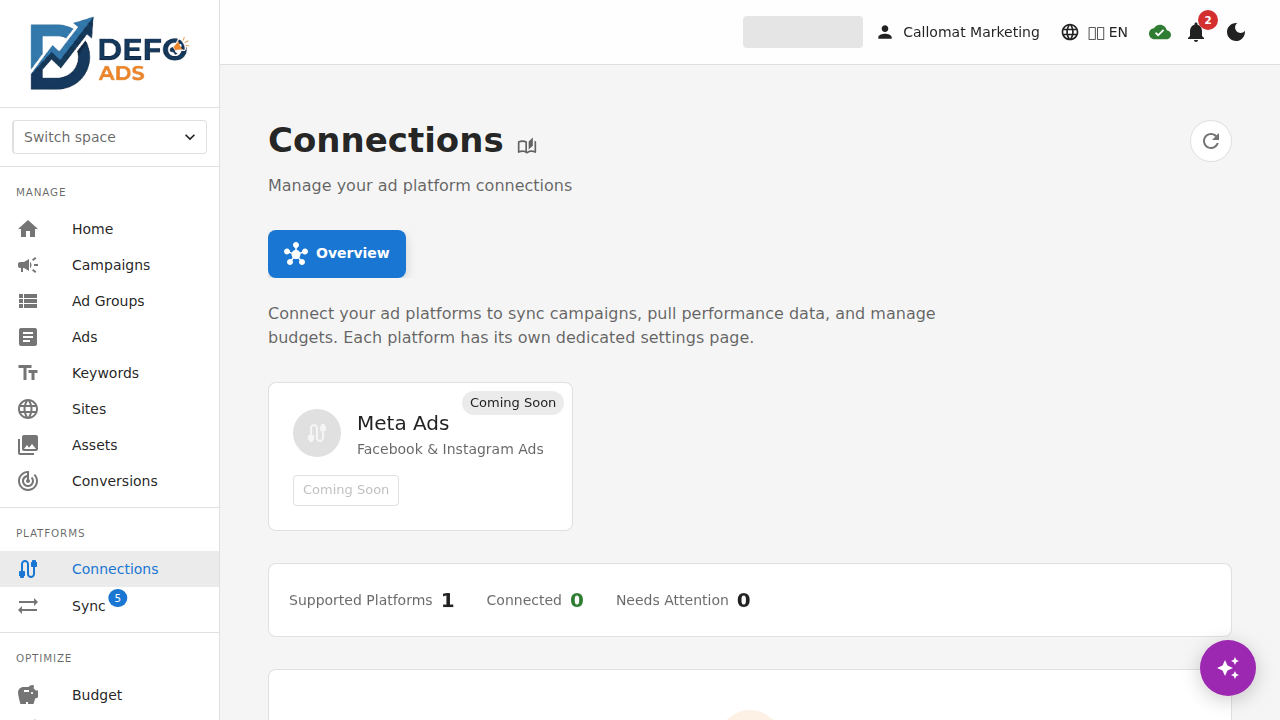 The Microsoft Advertising tab in Growomat connections, with the linked account and its sync state