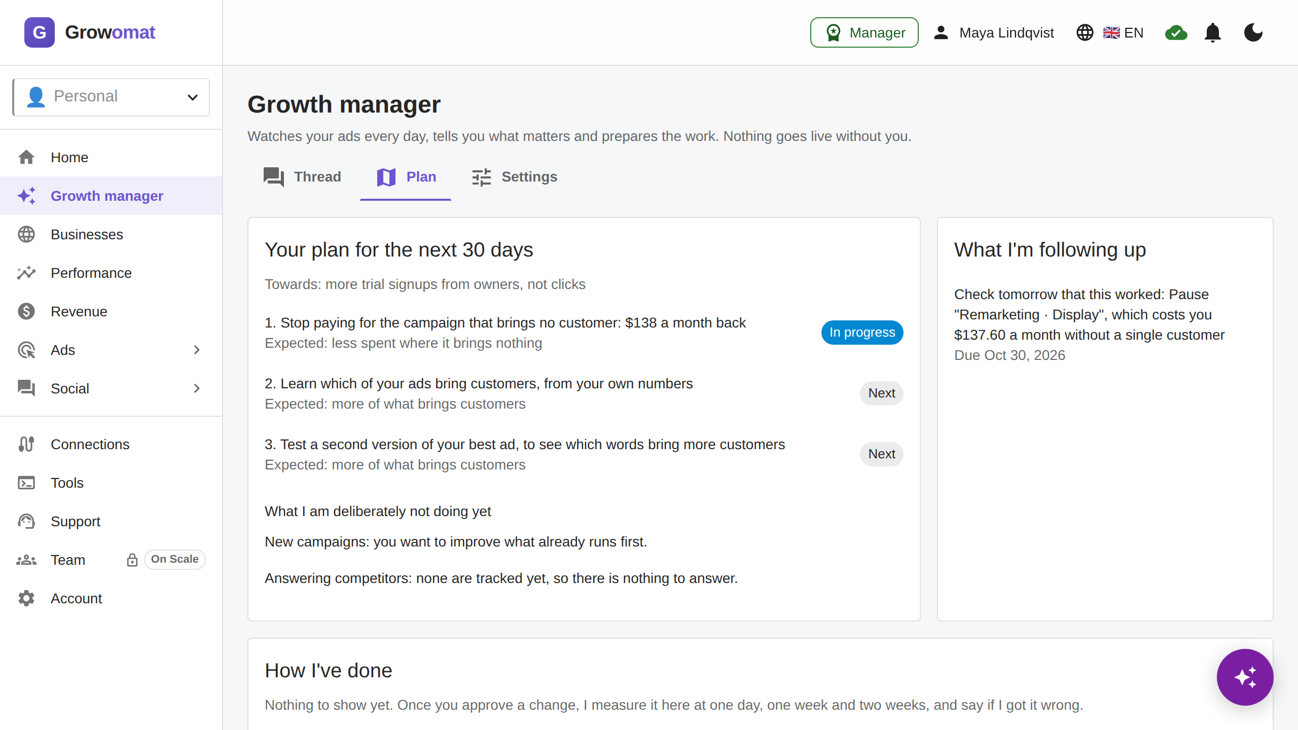 The Plan tab with the 30-day plan, its moves and their status.