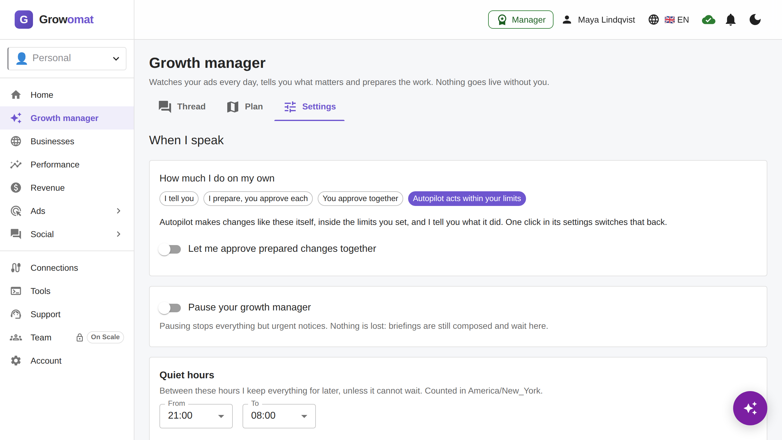 The growth manager’s Settings: how much it does on its own, the pause switch and quiet hours.