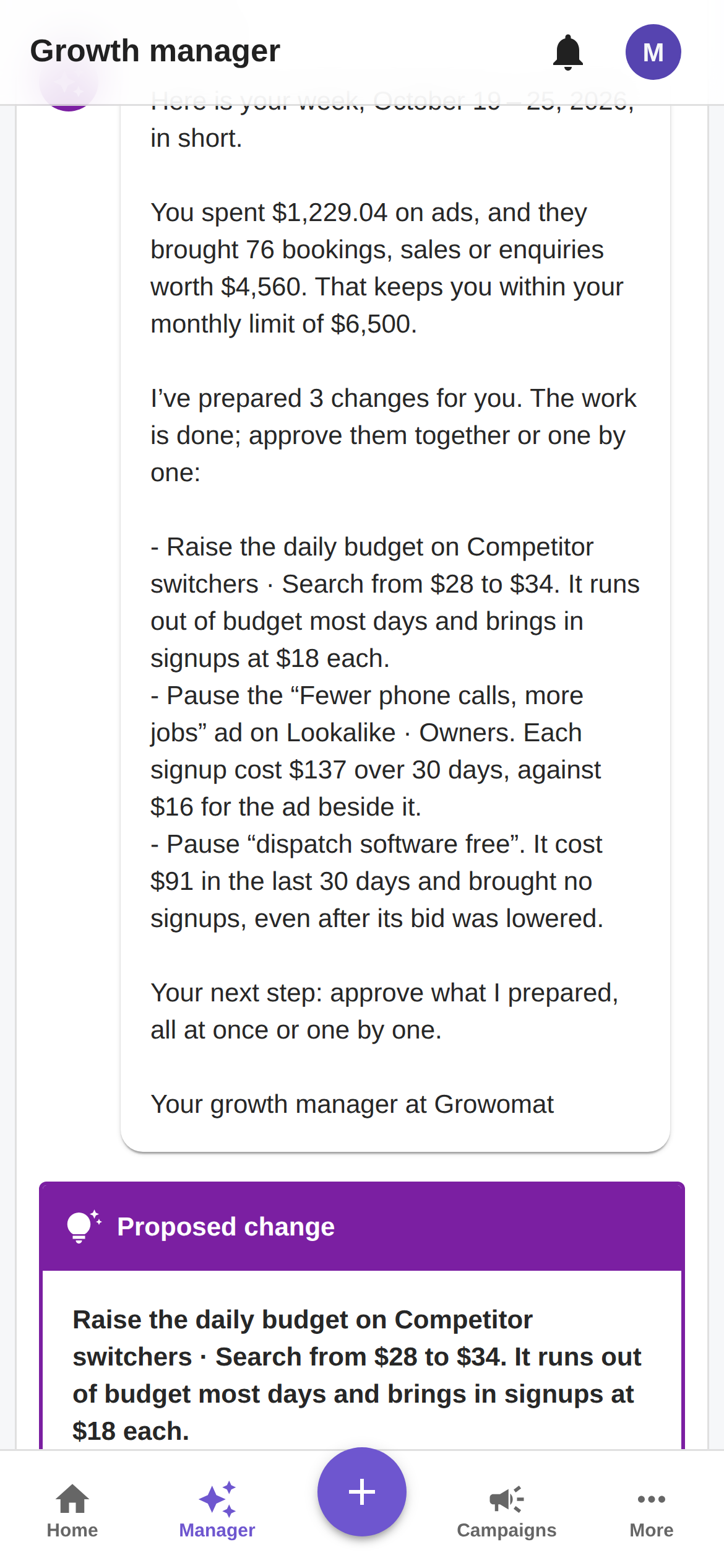 The same briefing in the growth manager’s thread on a phone.