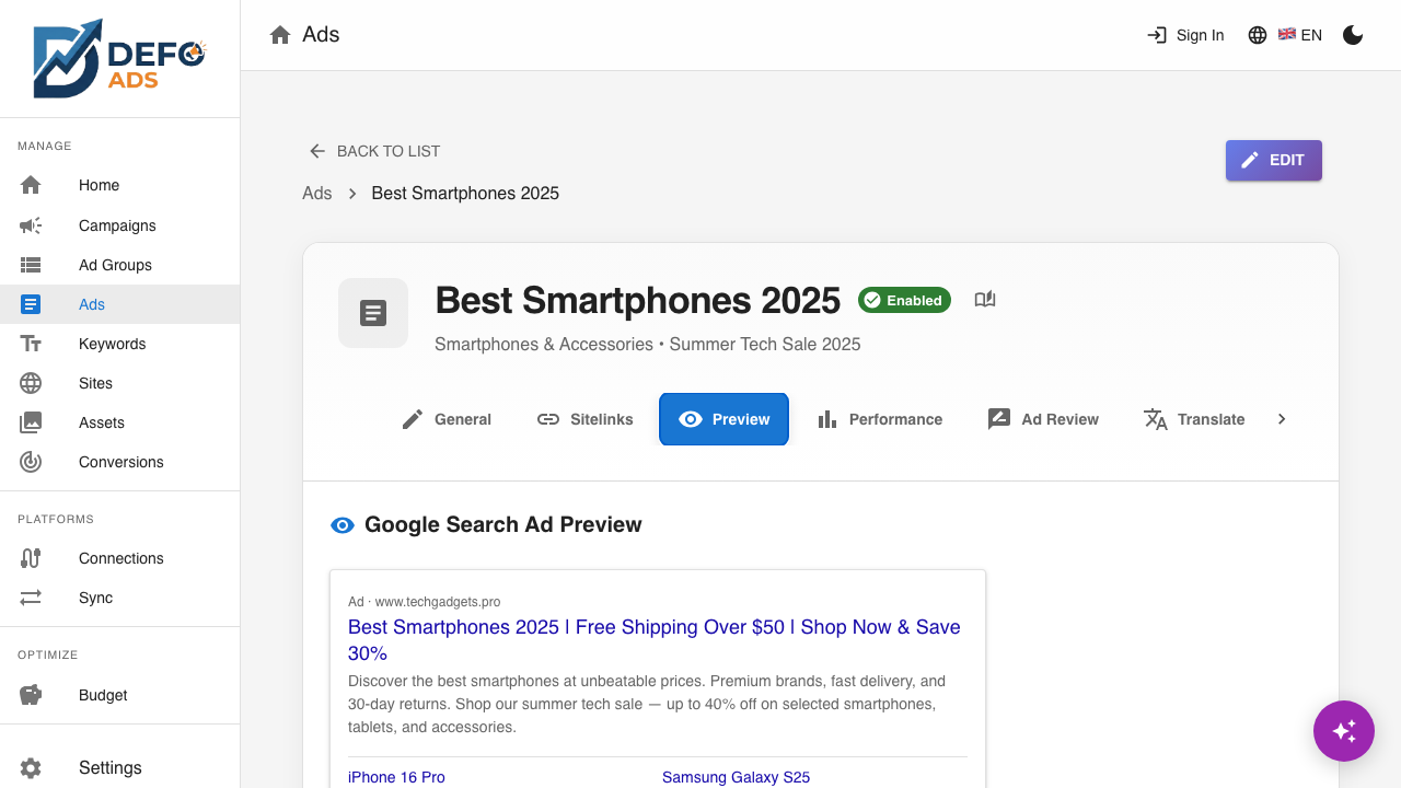An ad draft in review, with per-field character counts against the platform's limits