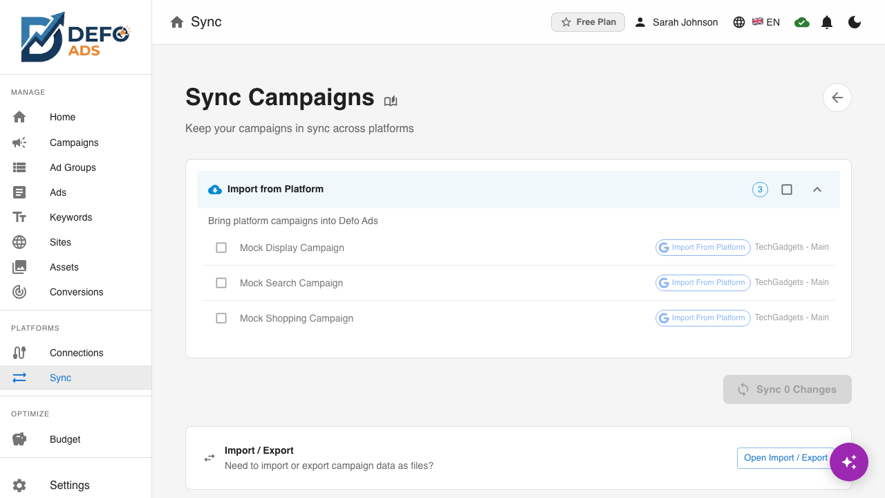 The sync overview: each platform's plan, and what was verified after the push